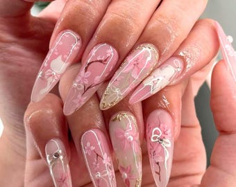 Handmade Pink Floral Press On Nails, Sakura Nail Art, Long Stiletto Nails, Spring Wedding Nails, Cherry Blossom Nail Set, Spring Nails, Gift