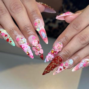 Fairycore Nails Press On, Long Almond Nail Set with Dry Orchids, Butterfly, Spring Nail, Colorful Fake Nails, 3D Flower Nail. Gift for her.
