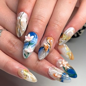 Gold Fish and Lotus Press On Nails Almond, Hand-painted 3D Gel Nails, Handmade Press on Nails, Faux Acrylic Nails, Gel Nails, Press on Nails