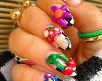 3D Smiley Face Press On Nails, Funny Nail Art in Fake Nails with Mushroom, Cherry, Ombre Nails, Freestyle Nail Set, Y2k Nail, Cute Nail Gift