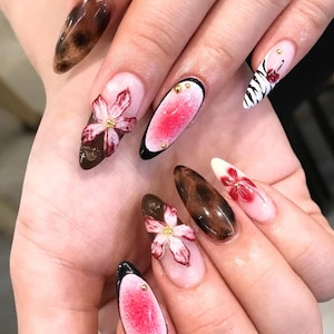 Romantic Autumn Press On Nails, Long Almond Nail Set with Flower, Cherry, Tortoise Shell Nails, French Tips Nail, Fall Nail Art, Trendy Nail