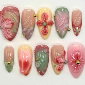Hand-painted Frangipani Press On Nails, Almond Nails Set, 3D Gel, Spring-Summer Nails, Colorful Nails, Dreamy Nails, Flower Nails, Nail Gift