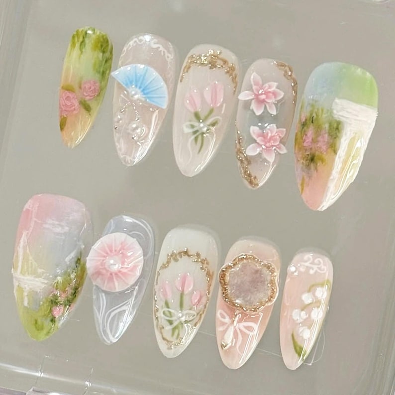 Press On Nails, Spring Nails, Flower Nail Designs, Fairy Tale Nails, Butterfly Nails, Spring floral press-on nails, 3D lotus nails, almond nail art, fairytale flower nails, glue-on nails, pink nails, party nails, gift for her, unique nail art