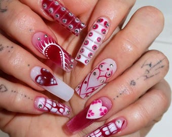 Pink Valentine Press On Nails, Unique Pink Ombre Nail Art with Heart, Colorful Tortoise, Custom Valentine Fake Nails, Trendy Nail, Long Nail