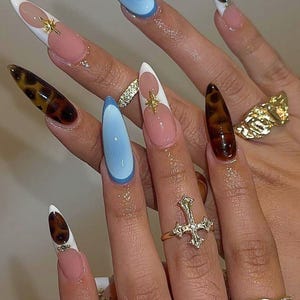 Long Stiletto Fall Nail Set, Brown Nails Press On with Cross Charm, French Tips Nail Art, Handmade Acrylic Autumn Fake Nail, Birthday Nails.