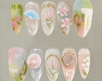 Spring Floral Press On Nails, Crystal 3D Lotus Almond Nail Set, Romantic Nail Art in Fake Nails, Fairytale Flower Press Ons, Glue On Nails.