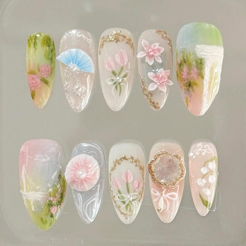 Press On Nails, Spring Nails, Flower Nail Designs, Fairy Tale Nails, Butterfly Nails, Spring floral press-on nails, 3D lotus nails, almond nail art, fairytale flower nails, glue-on nails, pink nails, party nails, gift for her, unique nail art