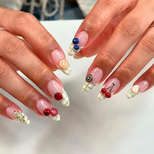 Vegetable Party Press On Nails, Fruit Nail Art With French Tips, Free Style Summer, Nail Charms, Nail Set With Cherry, Kiwi On Fake Nails.
