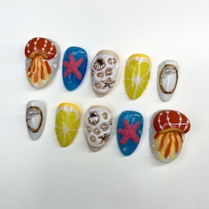 Ocean-Inspired Nail Designs with Fruit, Octopus, and Starfish, Tropical Beach 3D Press On Nails, Handmade Press On Nails, Holiday/Party Nail