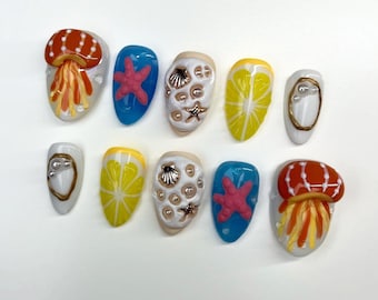 Ocean-Inspired Nail Designs with Fruit, Octopus, and Starfish, Tropical Beach 3D Press On Nails, Handmade Press On Nails, Holiday/Party Nail