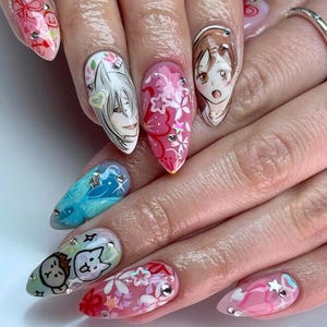 Hand-painted Cartoon Press On Nails, Anime Nail Art with Cute Characters, Glitter, Rhinestones & Floral, Unique kawaii Nail for Anime Lovers