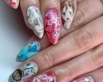 Hand-painted Cartoon Press On Nails, Anime Nail Art with Cute Characters, Glitter, Rhinestones & Floral, Unique kawaii Nail for Anime Lovers