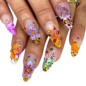 3D Orchid Garden Press On Nails, Hand-painted French Tips Nail Set, Leopard Nails, Romantic Nail Art in Fake Nail, Summer Nail, Glue On Nail