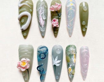 Hand-painted Snake & Lotus Press On Nails, Long Almond Nail With Koi Fish, Flower, Trendy Asian Nail Art, Japanese Nails, Chinese Nail Set.