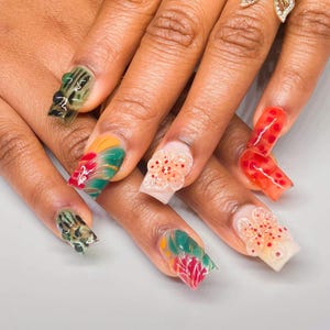 Gorgeous Flower With French Tips Press On Nails, Vibrant Square Nail Set, Nails Designs, Custom Fake Acrylic Nails, Spring - Summer Nail Art