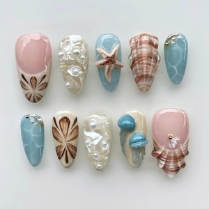 Reusable Coastal Almond Nail Set,Premium Press on Nails Gel, Blue Ocean-Inspired Designs with 3D Starfish Fake Nails, Octopus Nail, Gifts.