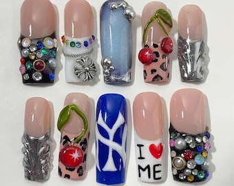 Uñas postizas I Love New York, uñas largas y cuadradas con cerezas rojas, estampado de guepardo, arte de uñas único para amantes de los casinos, uñas de billar, regalos.