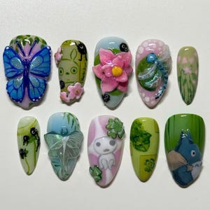 Fairy Garden Almond Press On Nails, Lotus Flower Nail, Spring Nails, Fairy Tale Inspired Fake Nail, Birthday Holiday Nail Art, Gifts for Her