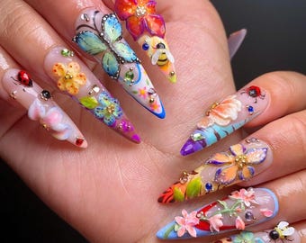 Vibrant Flower Garden Press On Nails Long Stiletto, Hot Trend Summer Nail Set, 3D Flowers Press On, Custom Acrylic Fake Nails, Glue On Nails
