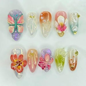 Verträumter Garten Drücken Sie auf die Nägel, Benutzerdefinierte Blumenliebhaber Nagelset, Fairy Nails, 3D Ombre Nail Art, Einzigartige Schmetterlingsnägel, Frühlingsnägel, Geschenke.