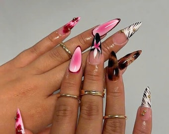 Unique Flower Fairy-core Nails, Press On Nails Almond, Dreamy Floral Press-Ons, Handmade Acrylic Autumn Fake Nail, Holiday Nails, Gel Nails.