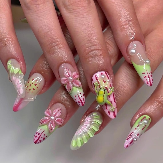 pink nails with green dress Handmade 3D Press on Nails, Floral Nail Art Cute Frog Design, Long Stiletto Fake Nails, Unique Custom Nail Set, Spring summer vacation