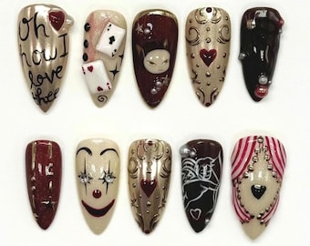 Circus Inspired Press On Nails, Handmade Unique Almond Nail Set with Clown, Dice, Cards, Abstract Nail Art, Fantasy Nails for Party, Prom.