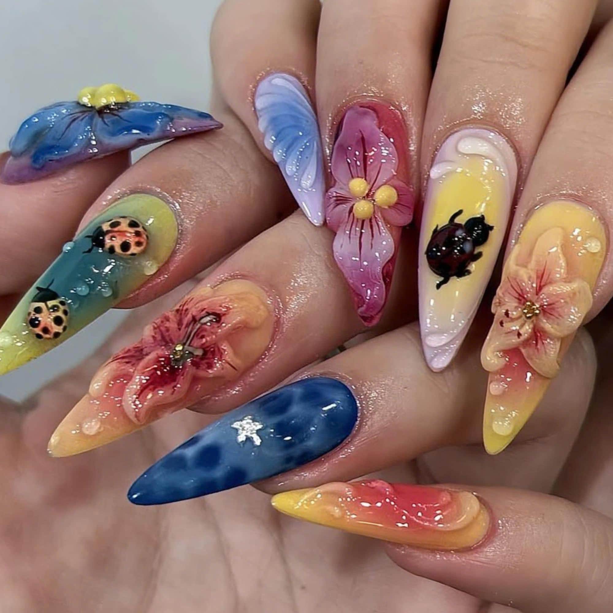 Ladybug & Flower Garden Almond Press on Nail, Hot Trend Spring