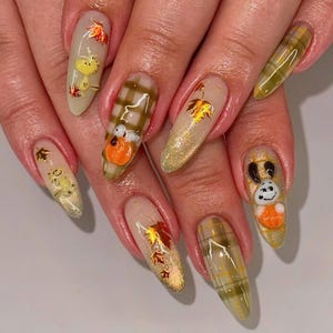 Halloween Press On Nails, Handmade Fake Nails with Pumpkin, Fall Leaves & Cute Ghost Design, Spooky Autumn Nail Art Set, Cospla Nails, Gift.