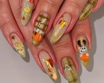 Halloween Press On Nails, Handmade Fake Nails with Pumpkin, Fall Leaves & Cute Ghost Design, Spooky Autumn Nail Art Set, Cospla Nails, Gift.