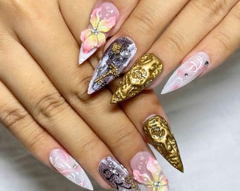 Vintage 3D Rose Press On Nails, Floral Embossed Nail Art, Gold Baroque Texture Nails, Romantic Pink Set, Custom Sizes, Reusable Gift Set