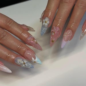 Dreamy 3D Pink Butterfly Press On Nails Almond, Jelly Pastel Flower Nail Set, Fairy Tale Floral Press Ons, Romantic Nail Art in Fake Nails.