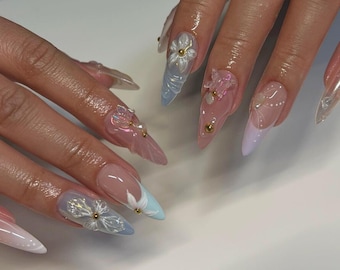 Dreamy 3D Pink Butterfly Press On Nails Almond, Jelly Pastel Flower Nail Set, Fairy Tale Floral Press Ons, Romantic Nail Art in Fake Nails.