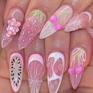 Pink Fruit Press On Nails, Summer Holiday Fake Nails, Vibrant Fruit Nail Art, Tropical Fruit Long Nails, Cherry Nails, Citrus Press On Nails