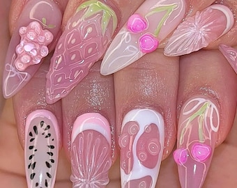 Pink Fruit Press On Nails, Summer Holiday Fake Nails, Vibrant Fruit Nail Art, Tropical Fruit Long Nails, Cherry Nails, Citrus Press On Nails