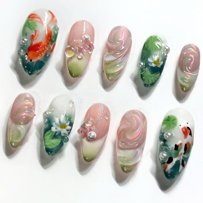 nail art, press on nails, fake nails, free style nails, unique design nails, custom nails, trendy nails, statement nails, hand-painted nails, elegant nails, party nails, french tip nails, koi nails, koi fish nails, lotus nails, Asian nail art