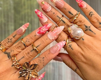 Summer 3D Floral Press On Nails, Pink Tropical Nail Set, Hand Painted Flower Nails, Beach Vacation Nails, Custom Unique Nails for Her.