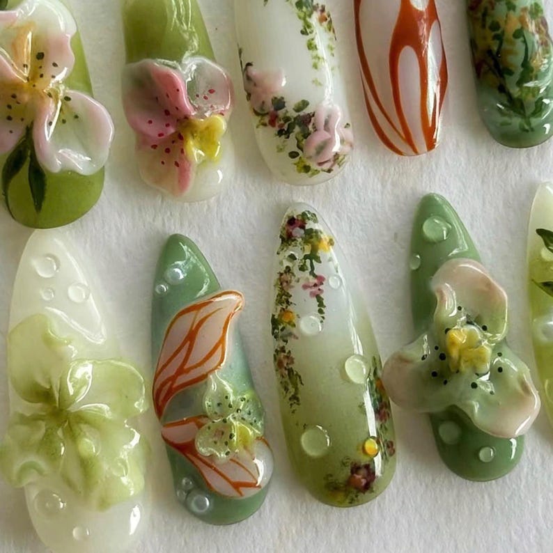 free style nails, butterfly nails, dreamy nails, wedding nails, press on nails, acrylic press on, 3d gel nail, press ons, nails press on, gift for her, fake nails, custom nails, flower nails, green nails,