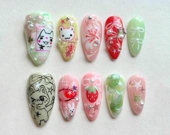 Funny Cartoon Almond Nail Set, Trendy Cartoon & Anime Designs, Unique Cartoon Nail Art, Japanese Nails, Hand-Decorated with Cute Characters