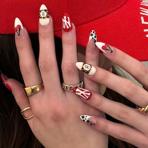 Handmade Almond Press On Nails, Cherry NY Logo 3D Nail Art with Leopard Print & Dice Design, Retro Y2K Red White Trendy Custom Nail Set