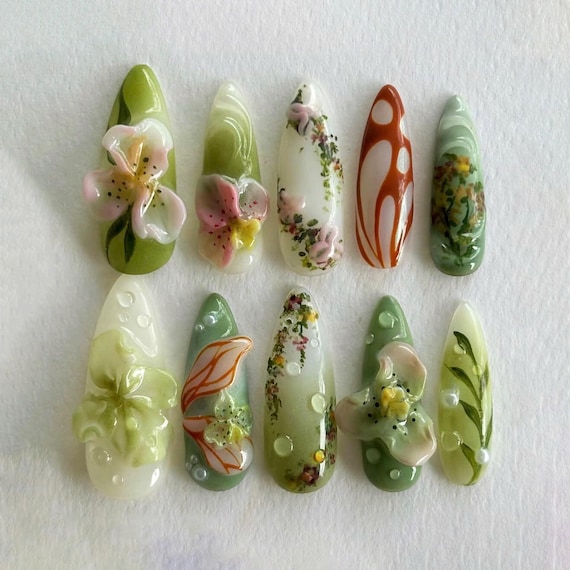 Handcrafted Matcha Green Press-On Nails, Fairycore Nail Art, Dreamy Nails, 3d Gel Nail, Holiday/PartyNails, 3D Flower Nails, Spring Nails.