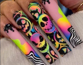 Uñas postizas negras mate para Halloween embrujadas, uñas postizas de Halloween hechas a mano, uñas largas en 3D, uñas adhesivas, uñas de Halloween, uñas espeluznantes
