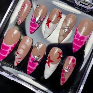 Free Style With 3D Star and French Tips Long Stiletto Press On Nails, Y2K Emo Chrome Nails, Custom Gothic Fake Nails, Pink Nails, Gel Nails.