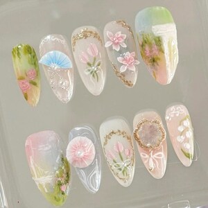 Press On Nails, Spring Nails, Flower Nail Designs, Fairy Tale Nails, Butterfly Nails, Spring floral press-on nails, 3D lotus nails, almond nail art, fairytale flower nails, glue-on nails, pink nails, party nails, gift for her, unique nail art