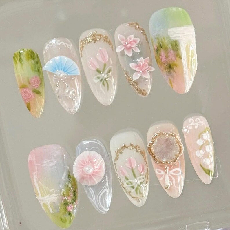 Press On Nails, Spring Nails, Flower Nail Designs, Fairy Tale Nails, Butterfly Nails, Spring floral press-on nails, 3D lotus nails, almond nail art, fairytale flower nails, glue-on nails, pink nails, party nails, gift for her, unique nail art
