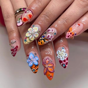 Orchid Garden Press On Nail, Hot Trend Spring-Summer Nail Set, 3D Flowers Press On, Custom Acrylic Fake Nail, Almond Nail Set, Glue On Nails