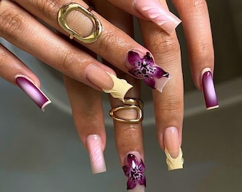 Floral Purple Square Press On Nails, French Tips Nail Art, Nail Designs, Custom Fake Acrylic Nails, Autumn Nail, Reusable Nail, Flower Nails