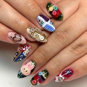 Trendy Labubu Almond Press On Nails, Hand-Painted Labubu False Nails, Cartoon Nails, Custom Kawaii Fake Nails, WaterColor 3D Nail Art, Gift.