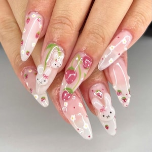 Strawberry & Miffy Press On Nails, Handmade Long Almond Nail Set Romantic Nais, Spring-summer Nails, Cute Valentine Nails, Gift for her.