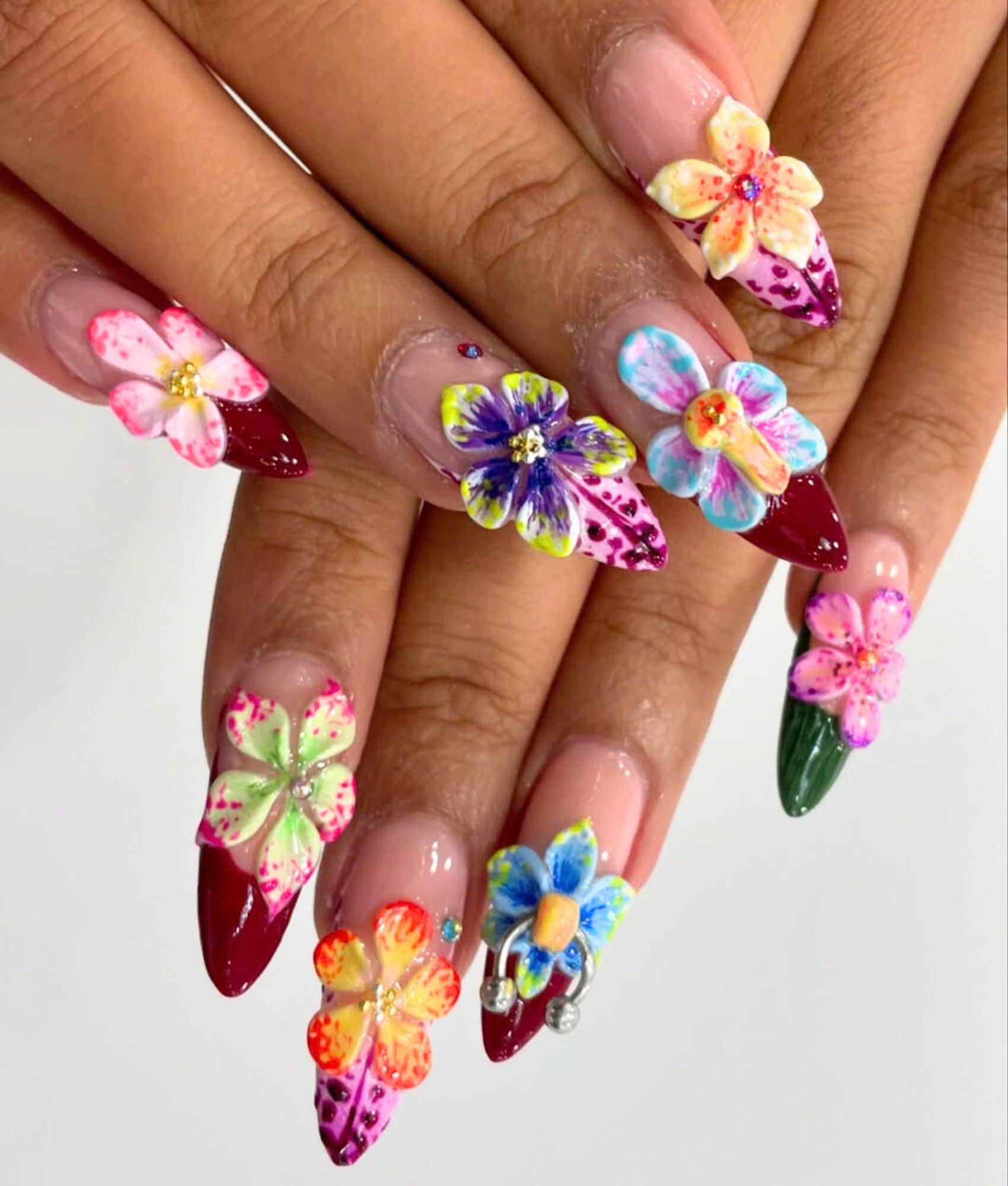 3D Orchid Garden Press on Nails, Hand-painted French Tips Nail Set